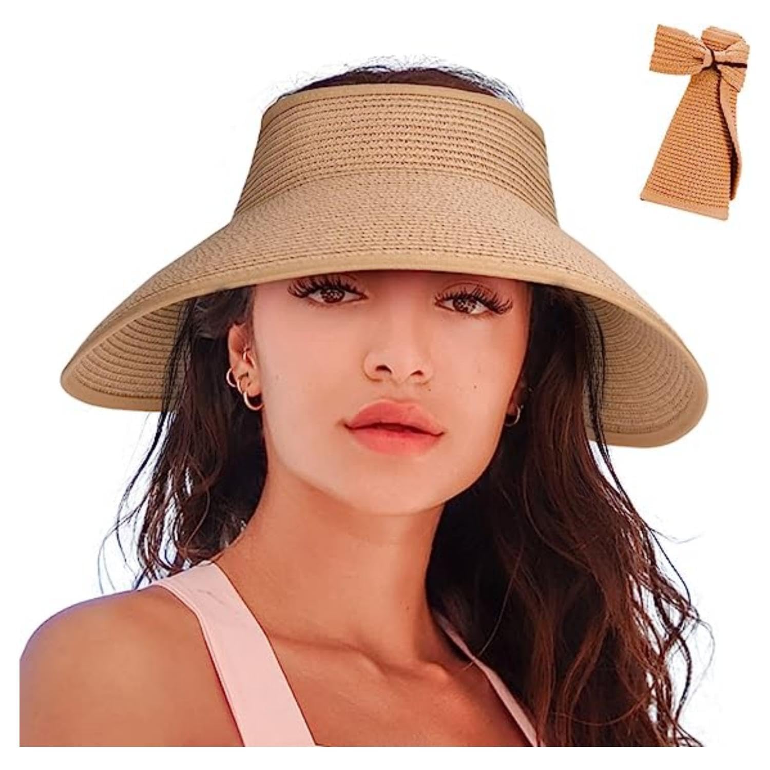 Women's Sun Visor Hats Wide Brim Straw Beach Hat Ponytail Hats for Women Foldable Floppy
