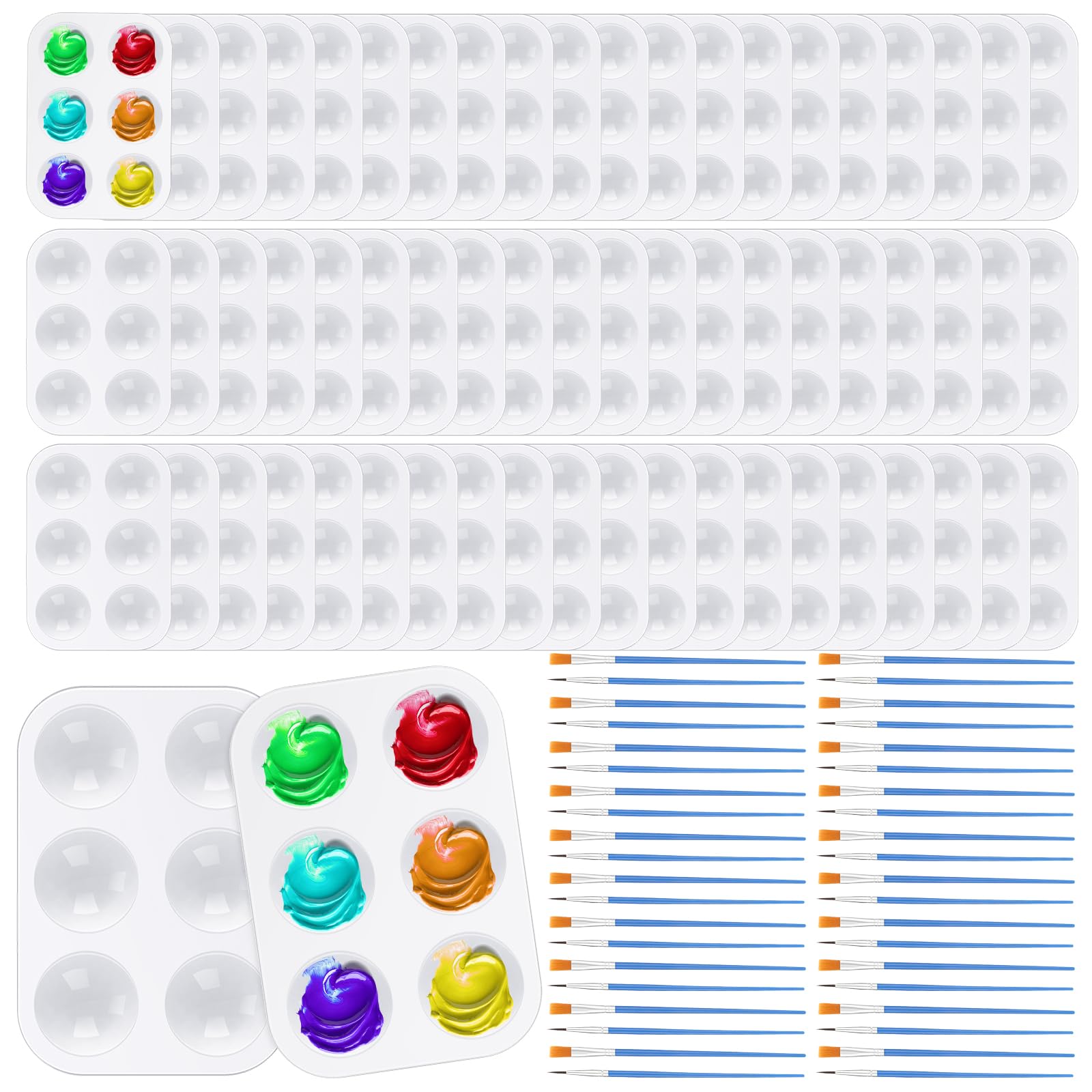 Juego de 100 pinceles de pintura de nailon, 50 paletas de bandeja de pintura, paletas de plástico, pinceles de pelo de nailon para acrílico, aceite, acuarela, estudiantes, fiesta de pintura