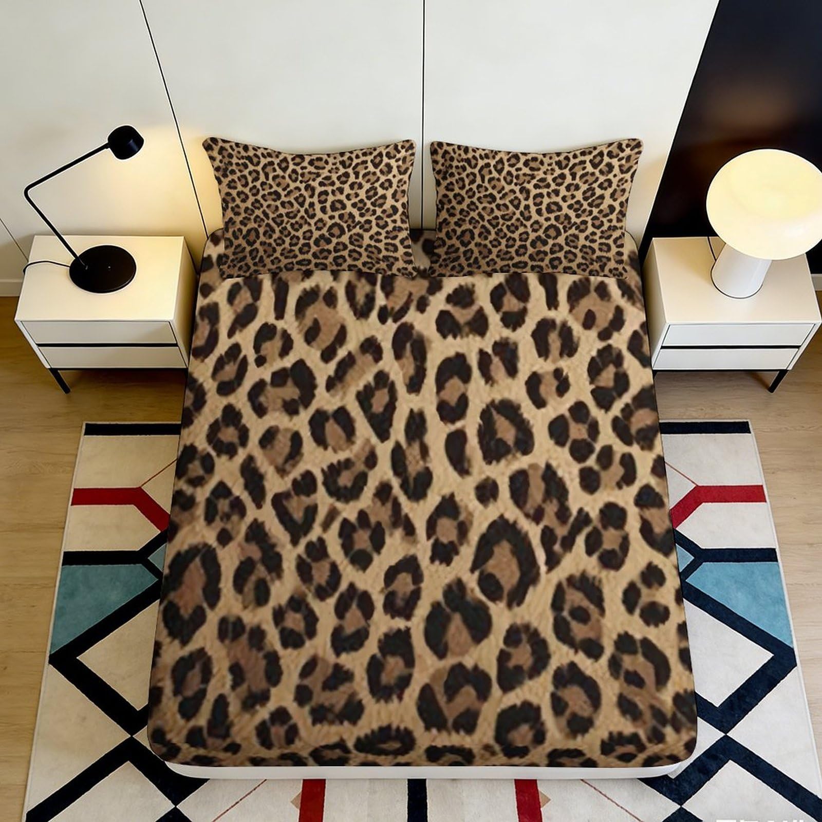 3D Printed Leopard Pattern Fitted Sheet Microfiber Soft Durable Animal Print Bed Cover for Bedroom Dormitory Guest Room Mattress Protection 160x200x25cm