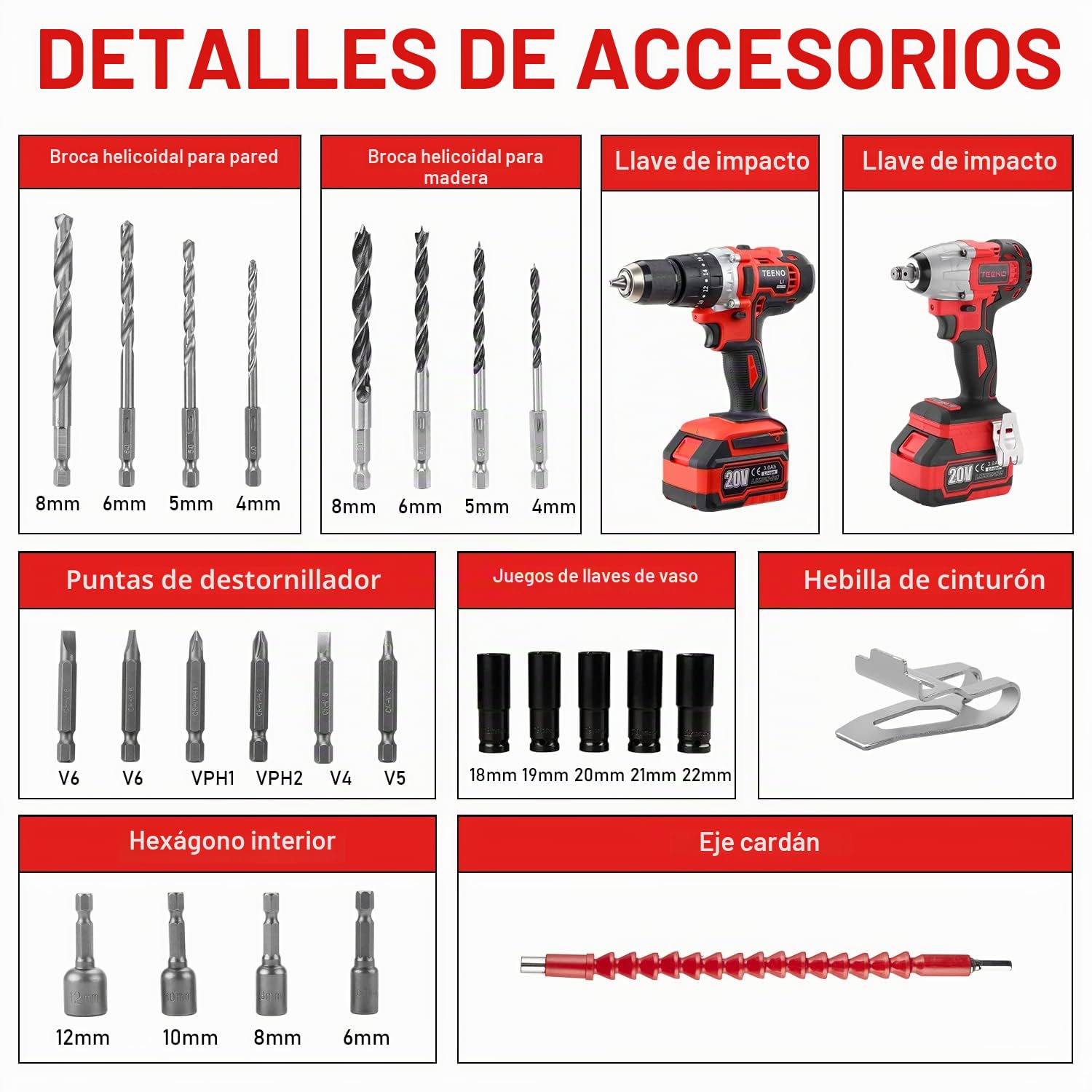 TEENO Atornillador de impacto & Pistola de impacto batería sin escobillas | Taladro alto par 45Nm + Llave impacto 320Nm, velocidad regulable, ideal para reparación automóvil e instalación de muebles