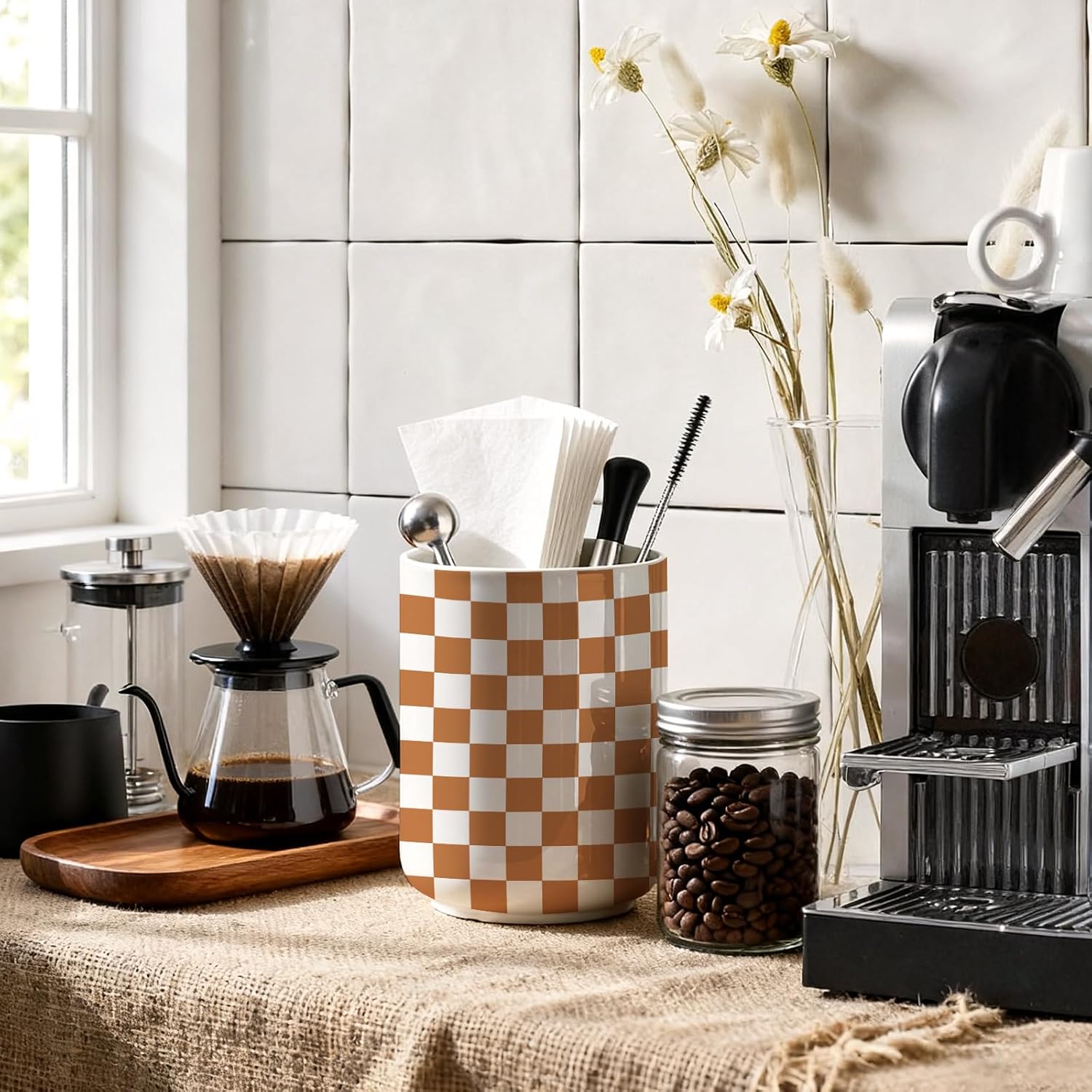 Checkered Utensil Holder,Ceramic Spatula Holder,Countertop Ceramic Utensil Holder,Large Cooking Utensil Crocks for Kitchen Counter Decor,Vase for Kitchen Utensils,H6.3 xD4.7(Brown and white)