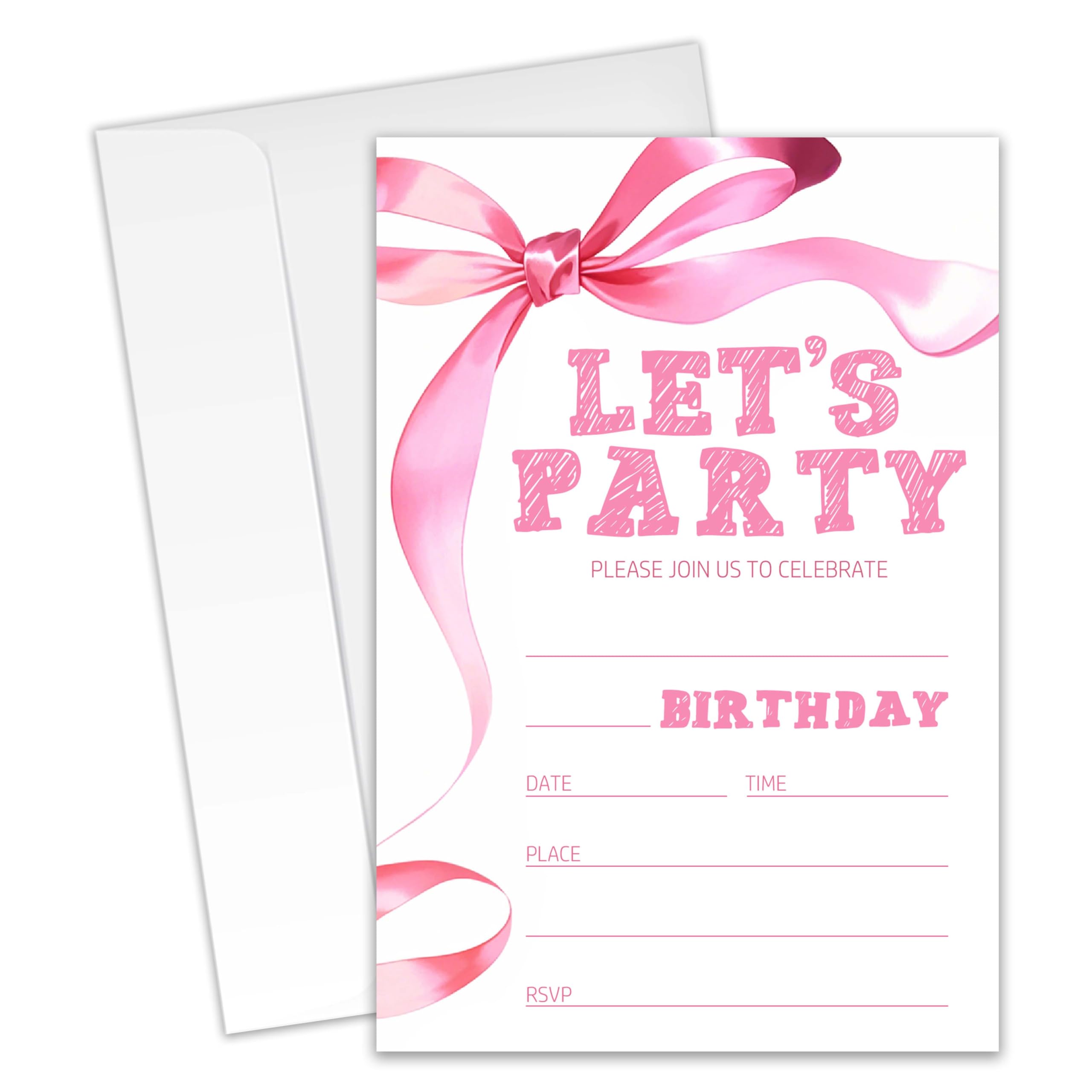 XZMBQ Let's Party! Birthday Invitation Cards with Envelopes (4x6 Inches) - 20 Pink & White Bow Invitations for Teens, Adults, Especially Girls&Women,