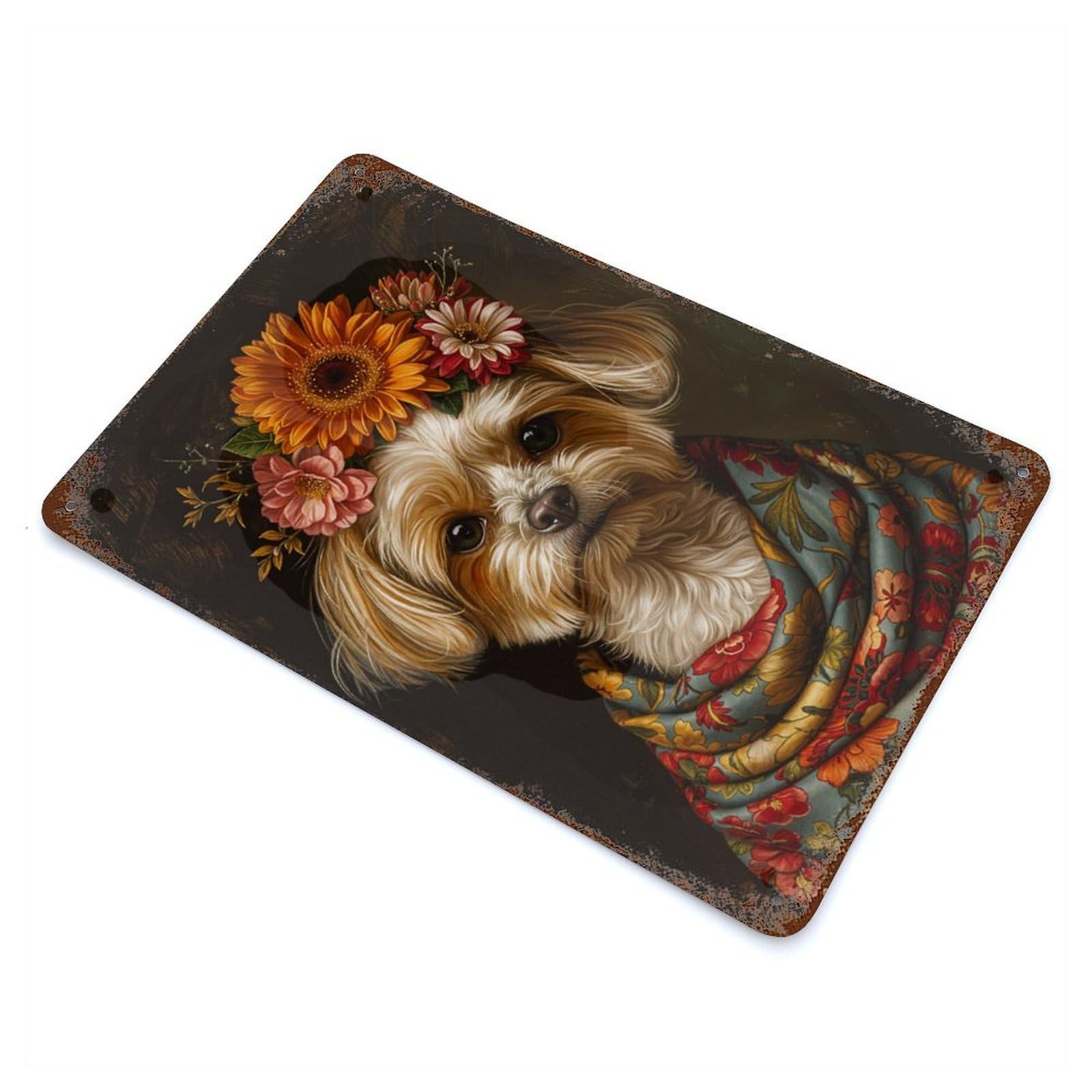 Rust Effect Dog with Flowers Rusty Metal Tin Sign 11.8"x7.9", Farmhouse Wall Decor for Shed, Workshop And Garage Wall Decor