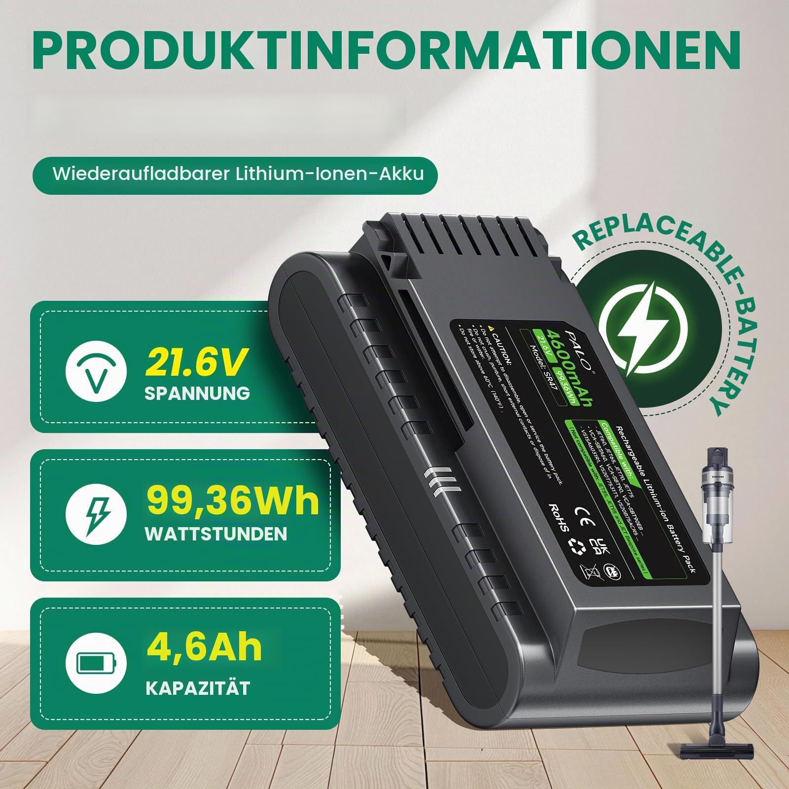 4600mAh 21,6V Ersatzakku für Samsung JET60 JET65 JET70 JET75 JET90 Serie, VS15A60 VS15T70 VS20T75 VS20B75 VS20R90 Akku (Not for JET85 / JET95)