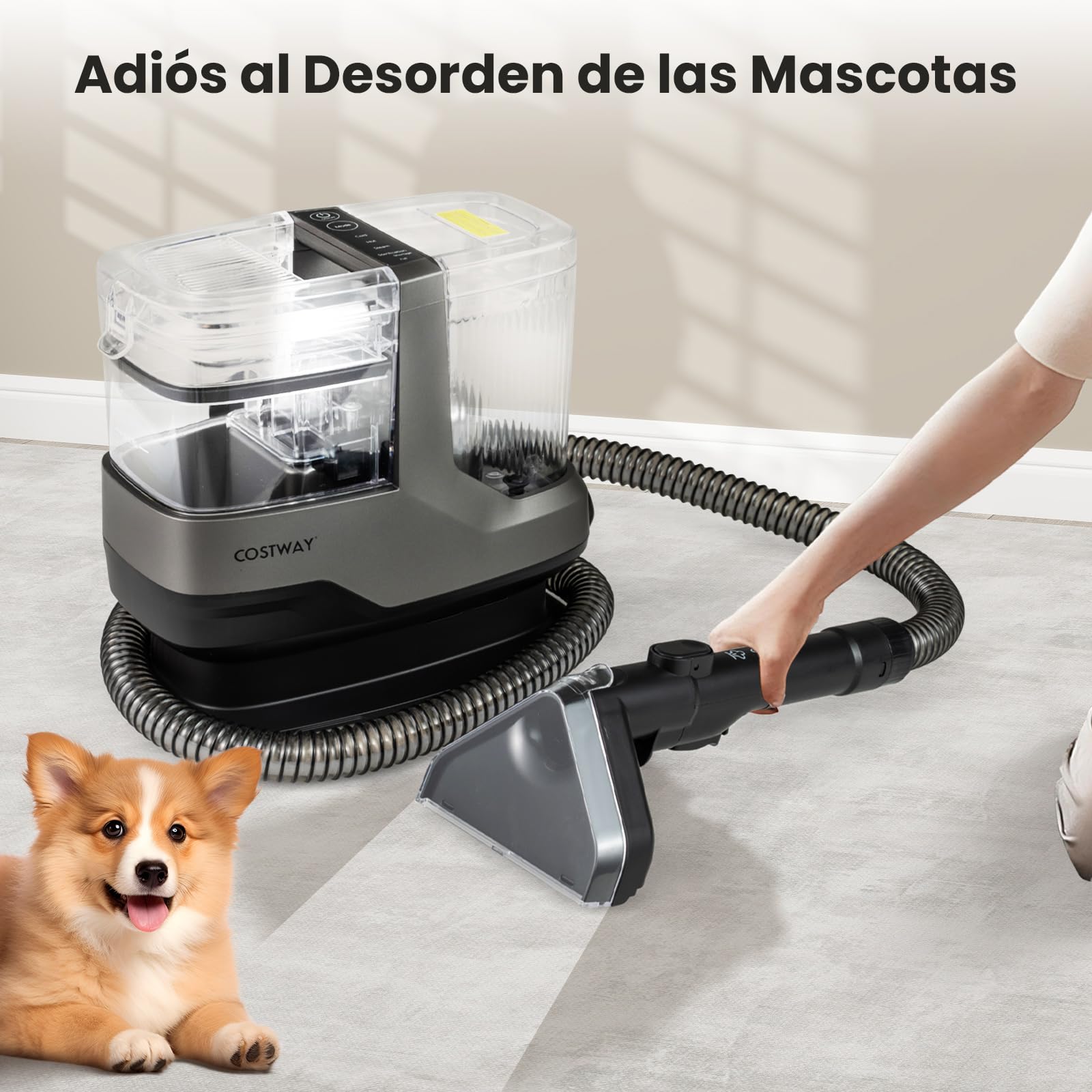 GOPLUS Limpiador de Alfombras y Tapicería 4 en 1, Aspiradora de Limpieza Portátil con Potente Succión 17 Kpa, 2 Depósitos de Agua, Cepillo de Doble Lado, Quitamanchas Multisuperficie para Hogar Coche