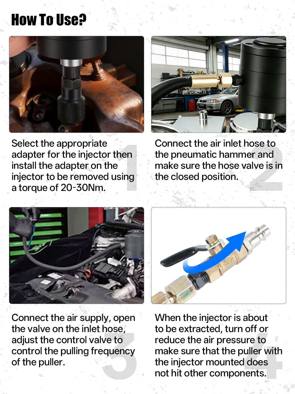 27tlg Pneumatische Einspritzdüsen Abzieher, Pneumatische Injektor Abzieher, Ausbau Werkzeug für Einspritzdüsen mit 19 Adapter, 3 Abziehhaken & 4 ×1/4"-Anschlüssen (US/UK/EU/JP)