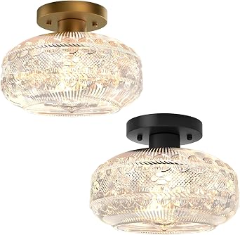 Semi Flush Mount Ceiling Light,Black and Gold Hallway Light Fixture,Globe Glass Close to Ceiling Light,Vintage Indoor Hanging Light,Farmhouse Pendant Lamp for Kitchen Entryway,Bulb Not Included