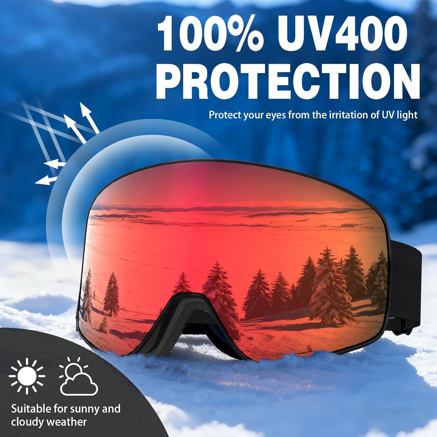 VCOROS Magnetic Ski Goggles with Quick-Change Lens, OTG Design, Anti-Fog snow goggles, UV400 Protection, Helmet Compatible Snowboard Goggles for Men & Women (Black Frame REVO Red, Yellow-Lens)