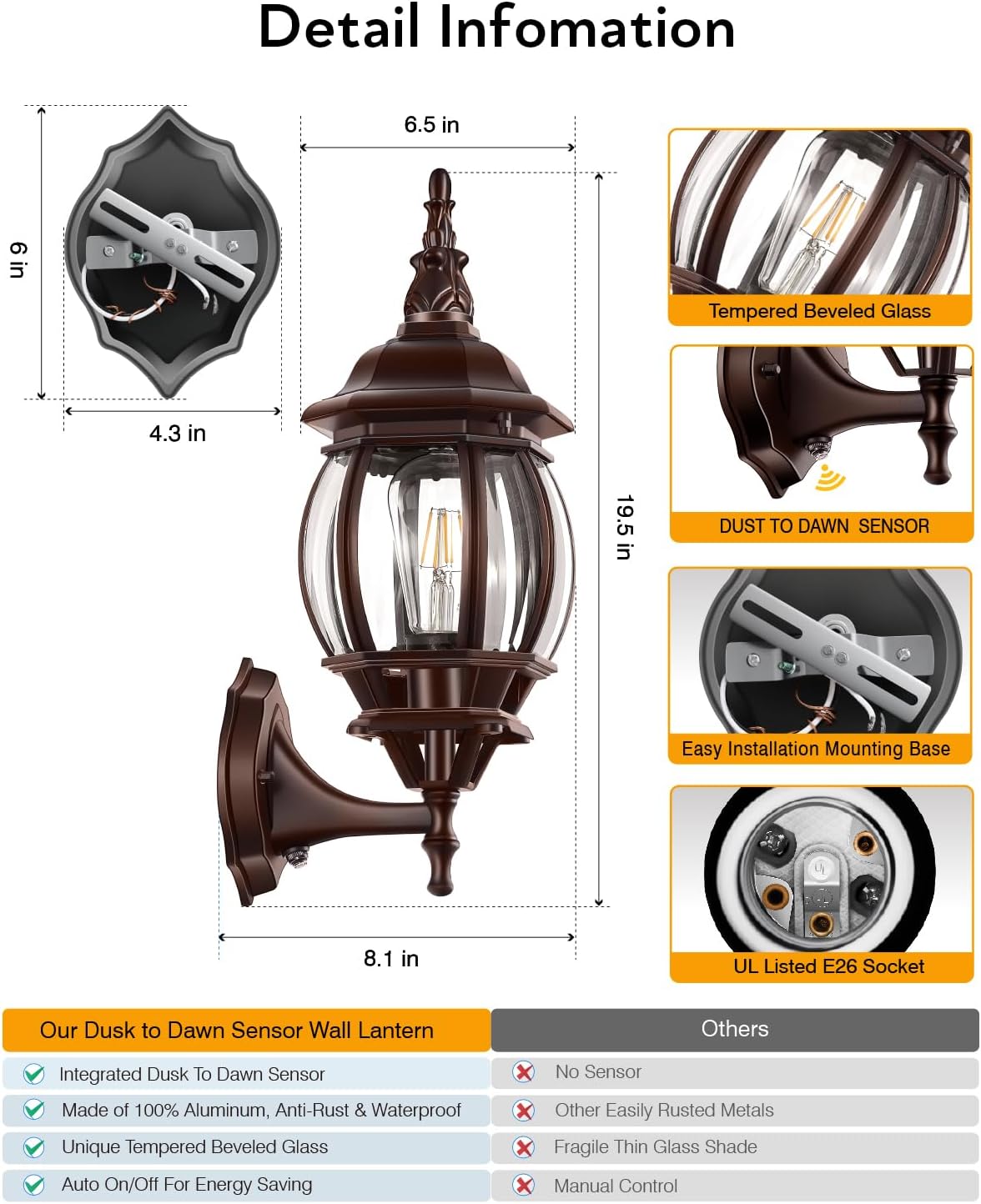 VIANIS 2-Pack Oil Rubbed Bronze Dawn to Dusk Outdoor Light, Outside Lighting Fixtures for House, 100% Aluminium Exterior Porch Lights Wall Mount, Modern Garage Sconce Lights Outdoor Wall Lantern Lamps
