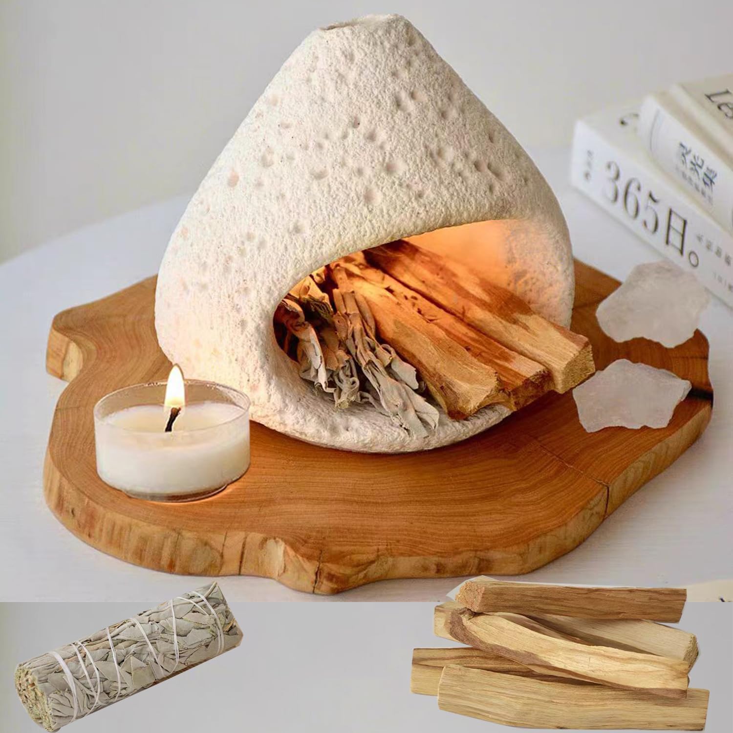 sage and palo Santo Chimney Burner Holder Incense Holder, Cone Burner Mini Chiminea Smudge Palo Santo Holder for Home Cleansing Meditation & Manifestation Gift