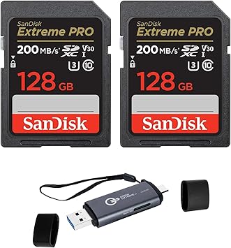 SanDisk Extreme PRO 128GB 2-Pack UHS-I U3 SDXC Memory Card + Green Extreme USB 3.0 Type-A and Type-C OTG Card Reader