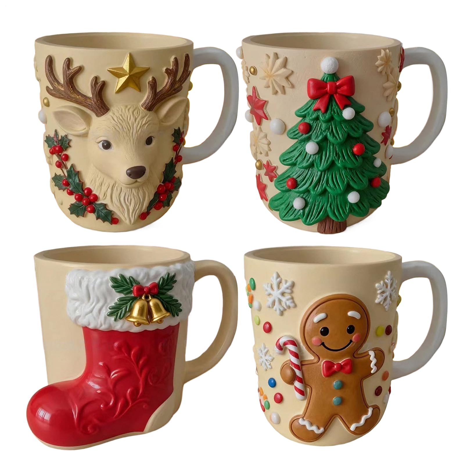 Weihnachtliche Kaffeetassen, 12 x 10 x 8,5 cm, lustige Tasse mit 3D-Festivalelementen, Keramikbecher für , Latte, Tee, Harzornamente für Zuhause, Tischplatten und Partydekoration, 4 Stück
