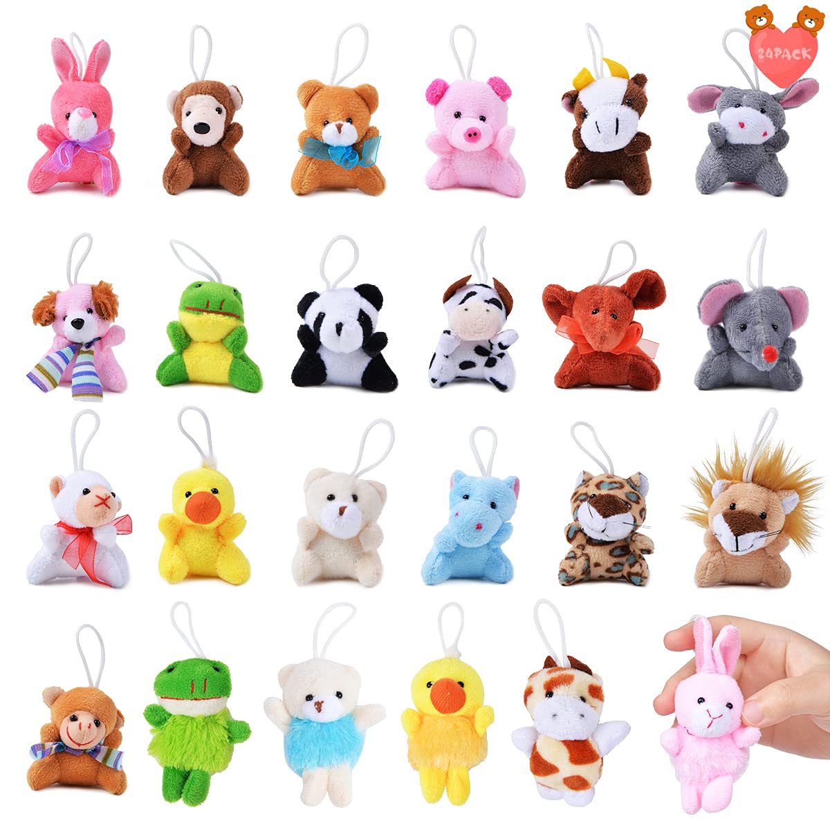 FUNNISM 24 Pack Mini Animal Plush Toy Assortment,Cute Small Stuffed Animal Keychain Set for Kids Party Favors,Stocking Stuffer,Goody Bag Filler,Pinata Stuffer,Classroom Prize,Christmas Tree Decoration