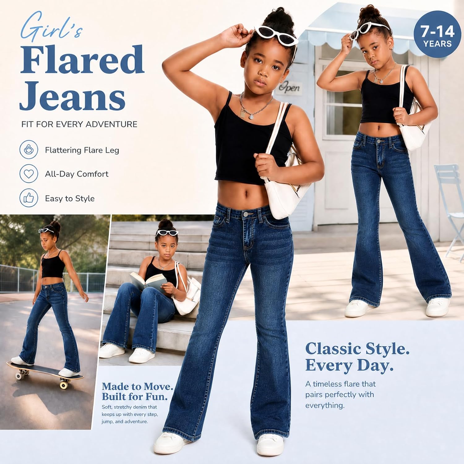 Girls Jeans Flare High Waist Elastic Cute Y2K Denim Pants, Girls Bell Bottom Stretch Streetwear Jeans with Pockets