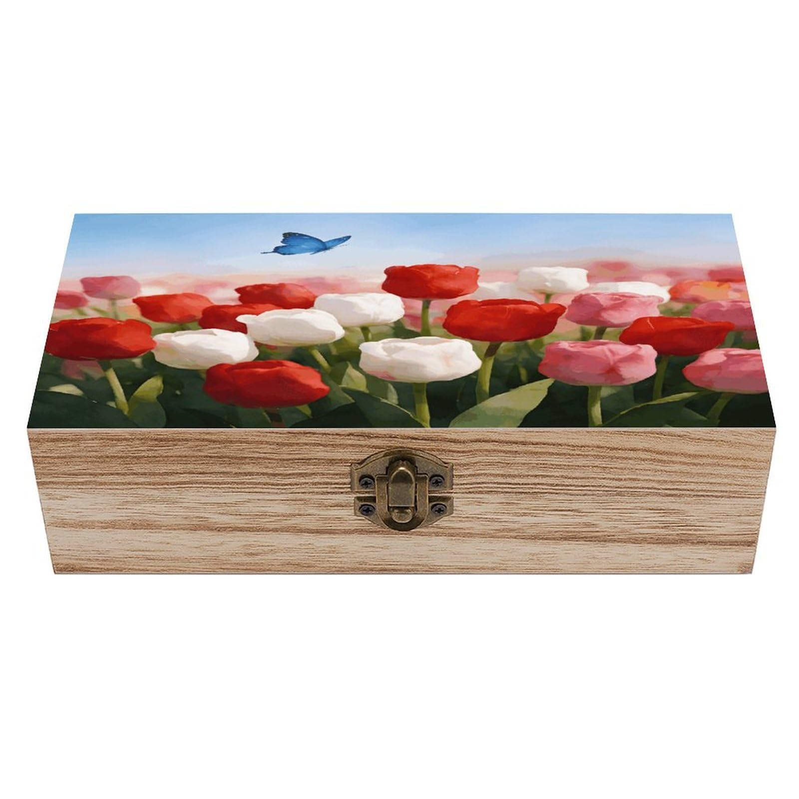 LZQPOEAS Watercolor Flowers With Butterfly Wooden Keepsake Box Wooden Storage Box Container with Hinged Lid Beautiful Wood Memory Box Decorative Jewelry Case for Crafts Art Hobbies & Trinket Storage