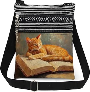 Orange Cat Print Crossbody Bag Resting Kitty on Vintage Book Oil Painting Style Messenger Bag Adjustable Strap for Adult Sister Birthday Gift for Animal Lovers Travel Shoulder Purse