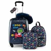 HONEY JOY Kids Luggage Set – 5 Piece Rocket Travel Kit With Suitcase, Backpack, Lunch Bag, Neck Pillow