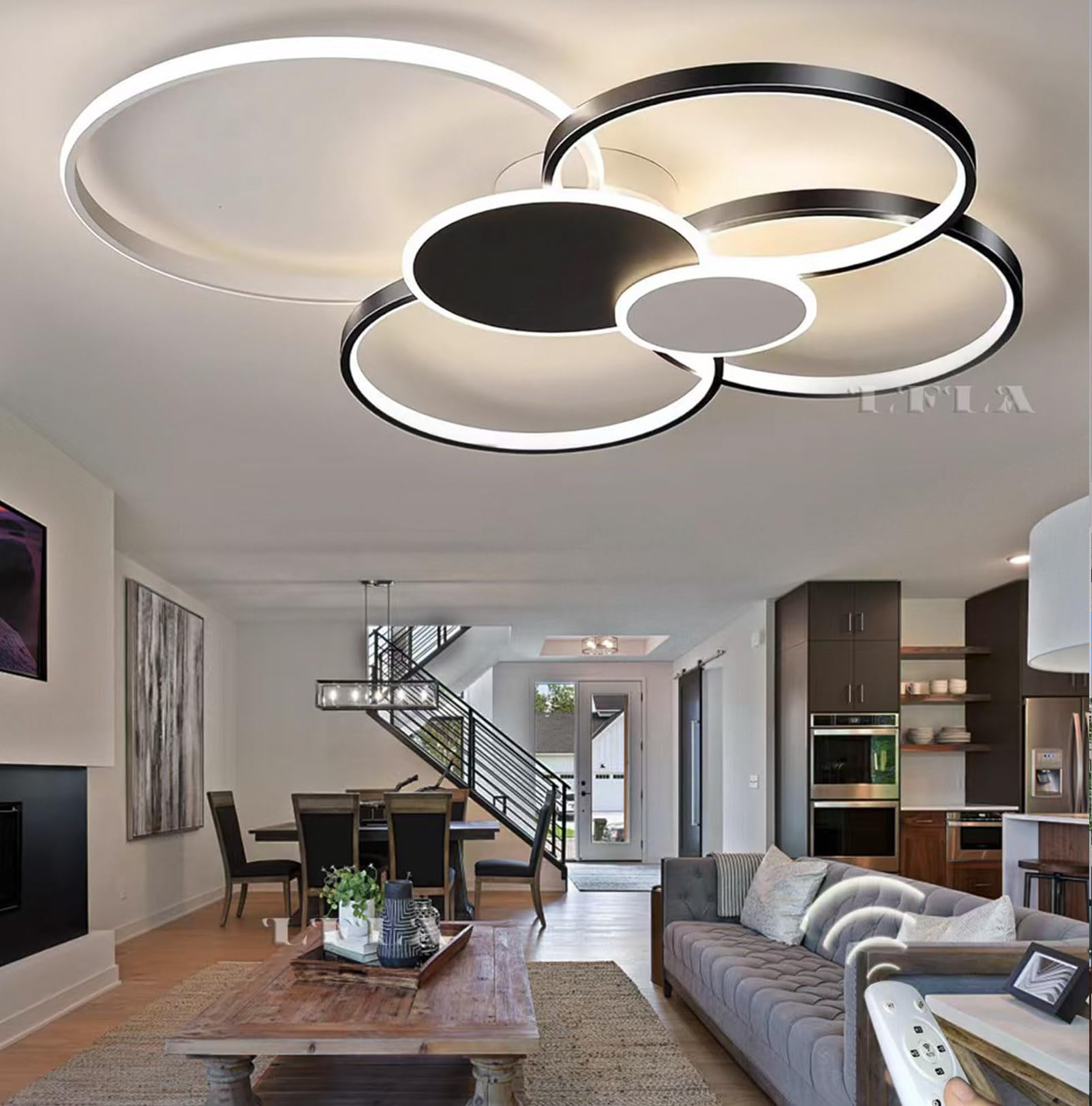 Dimmable LED Ceiling Light Modern Ceiling Lamp Living Room Lamp with Remote Control 3000K-6500K 6-Rings Design Ceiling Lighting Living Room Bedroom Office Ceiling Light (Black + White, 100cm,93W)