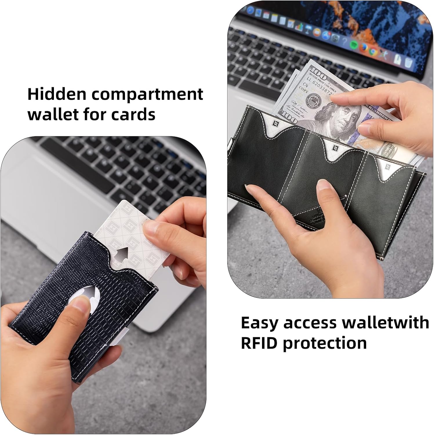 LLH Leather Trifold Wallet - RFID Blocking with Stainless Steel Locking Clip Wallet, Minimalist Front Pocket RFID Blocking Credit Card Holder (Black-B) - Image 4