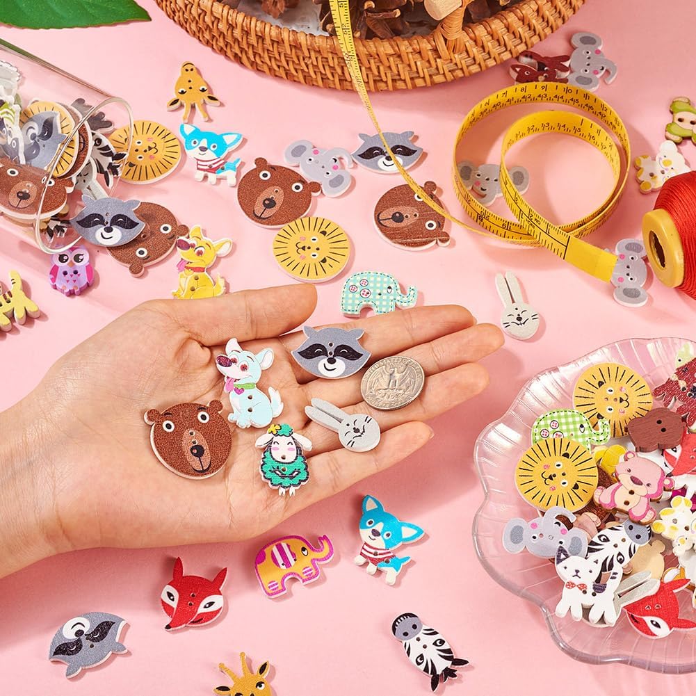 KISSITTY 160Pcs Animal Theme Wood Buttons 2 Hole Cartoon Animal Wood Button Cute Decorative Wooden Buttons for DIY Clothes Sewing Scrapbooking Decor Crafts