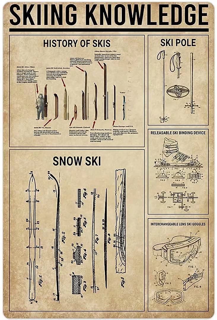 Skiing Knowledge Metal Signs, Fun Poster For Bar Kitchen Cafe Farmhouse Wall Decor 8x12inch