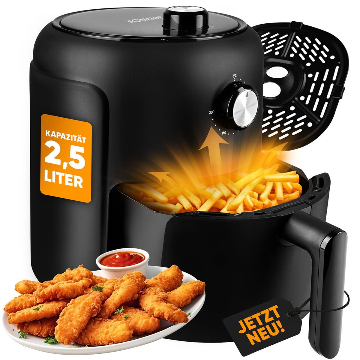 Bomann, Freidora de aire caliente 2.3L Negra FR6076HCB - Cocina saludable sin aceite, Termostato regulable 80-200°C, Temporizador 60 min, Antiadherente, Protección contra sobrecalentamiento