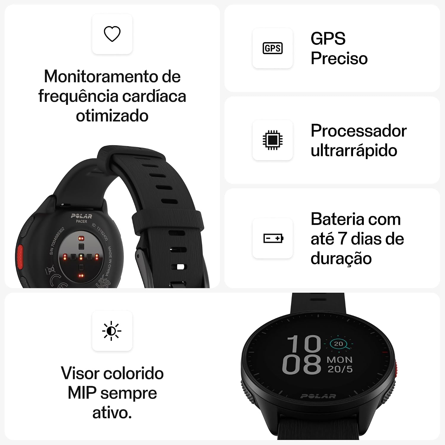 Polar Pacer Preto - Relógio com GPS avançado, Processador rápido, Ultraleve, Tela brilhante, Botões aderentes, Programas de treino e recuperação, Monitor de FC, Controles de música