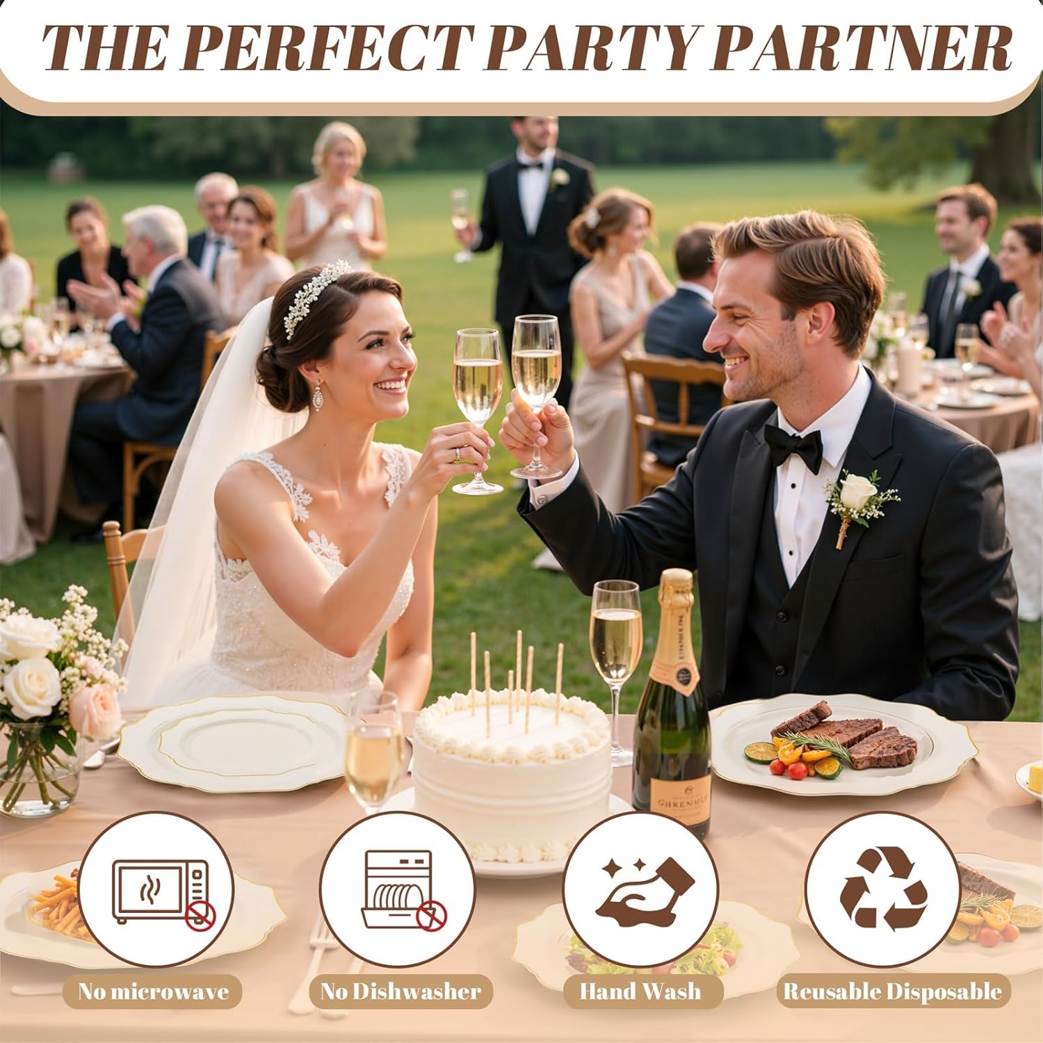 WDF 200PCS Ivory Plastic Plates with Gold Rim - Cream Plastic Plates - Include 100 Dinner & 100 Dessert Fancy Disposable Plate for Party - Heavy Duty Plate for Wedding/Bridal Showers/Valentine's Day - Image 3