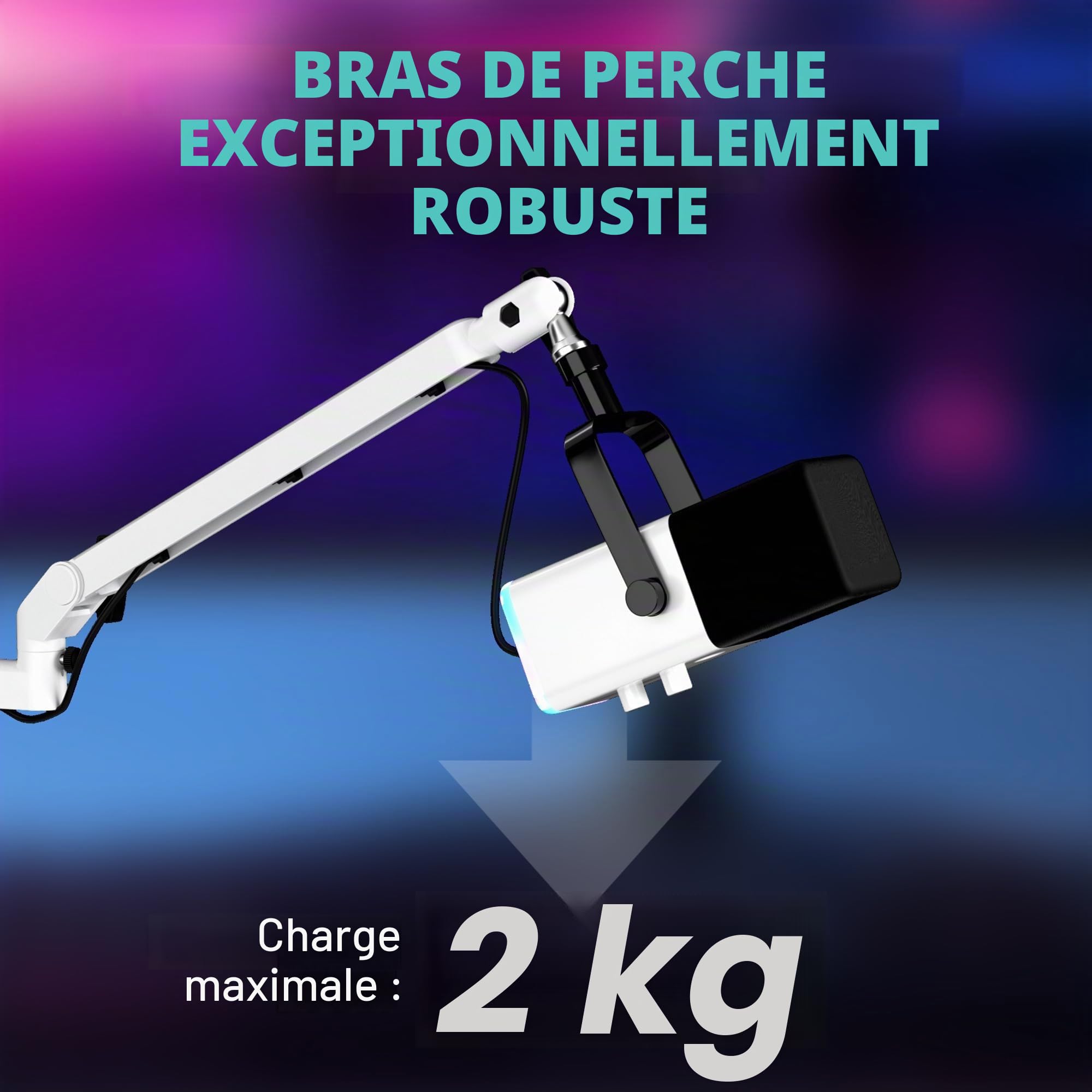 Bras de microphone à profil bas - Bras de microphone professionnel réglable - Support de bureau solide - Support de microphone pour podcast, streaming, jeux vidéo, studio - Blanc
