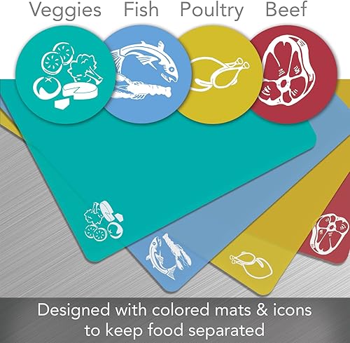 Miniatura 2 de Cut N Funnel - Juego de 4 alfombrillas de plástico flexible con código de color con iconos de alimentos fabricadas en los Estados Unidos flexibles