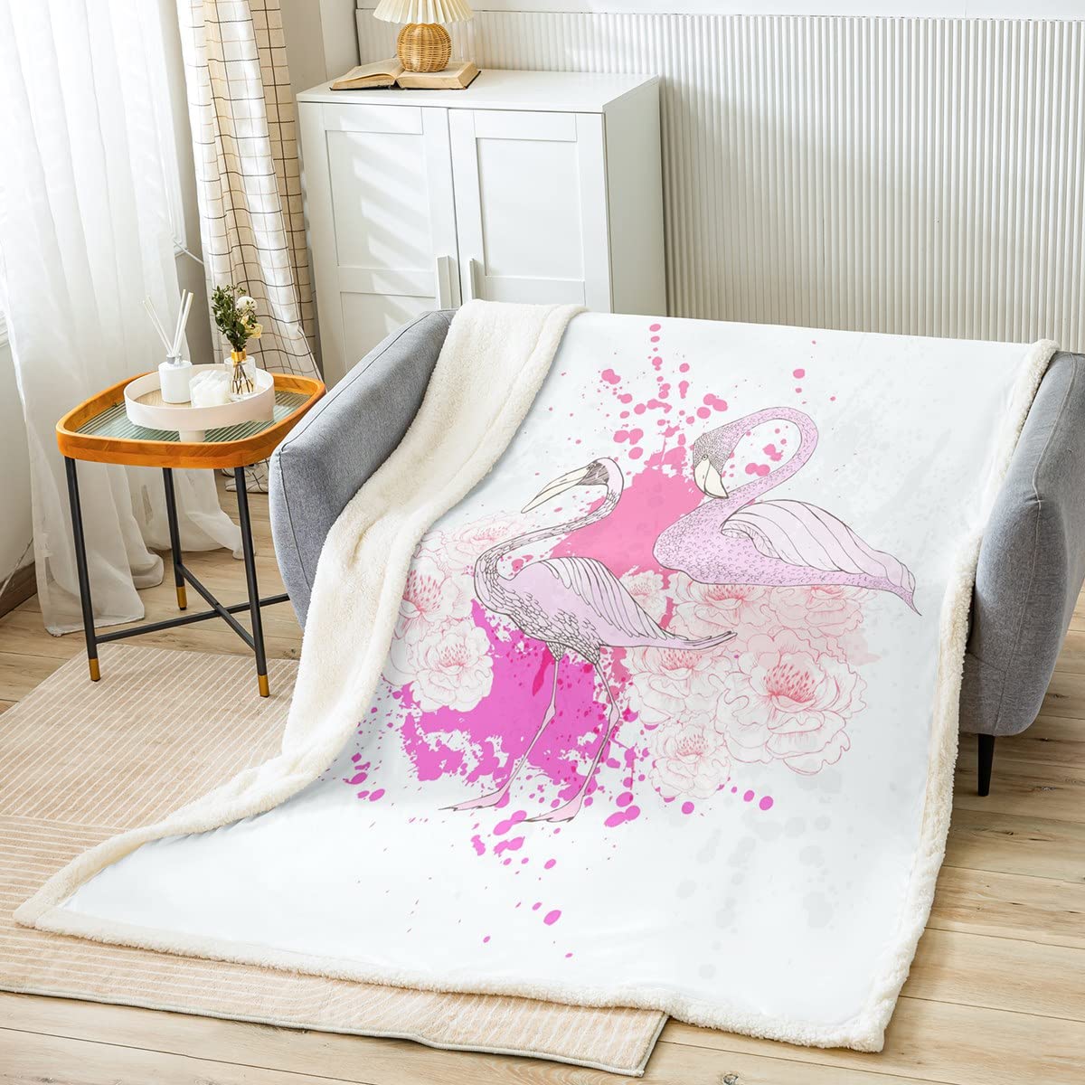 Coperta in pile Sherpa con fenicottero rosa glitterato, coperta in pile