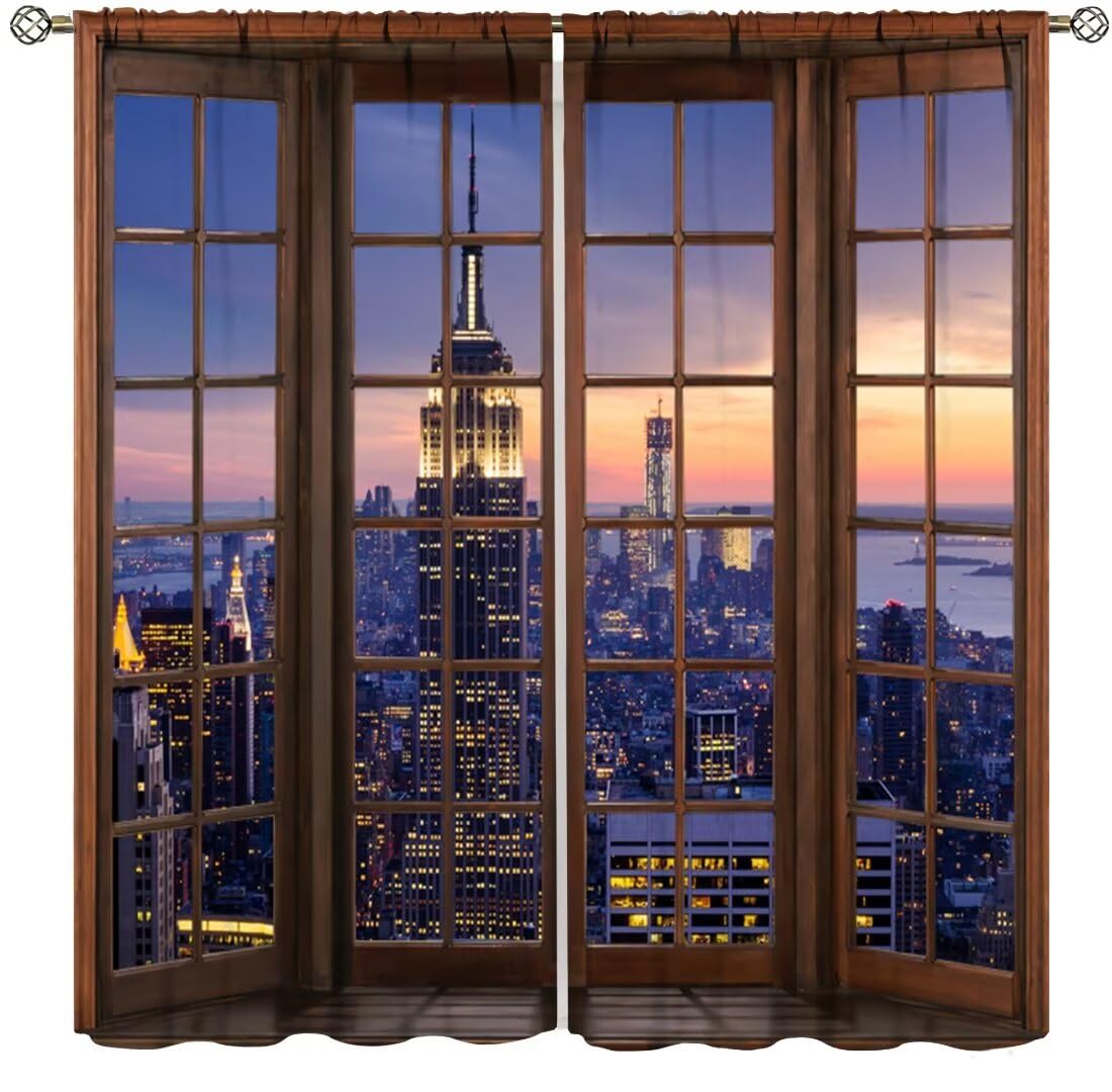DDCBNS Landscape Curtains,3D Window View New York City Sunset Window Treatments for Bedroom Living Room Urban Nightscape Window Drapes 2 Panels Set,