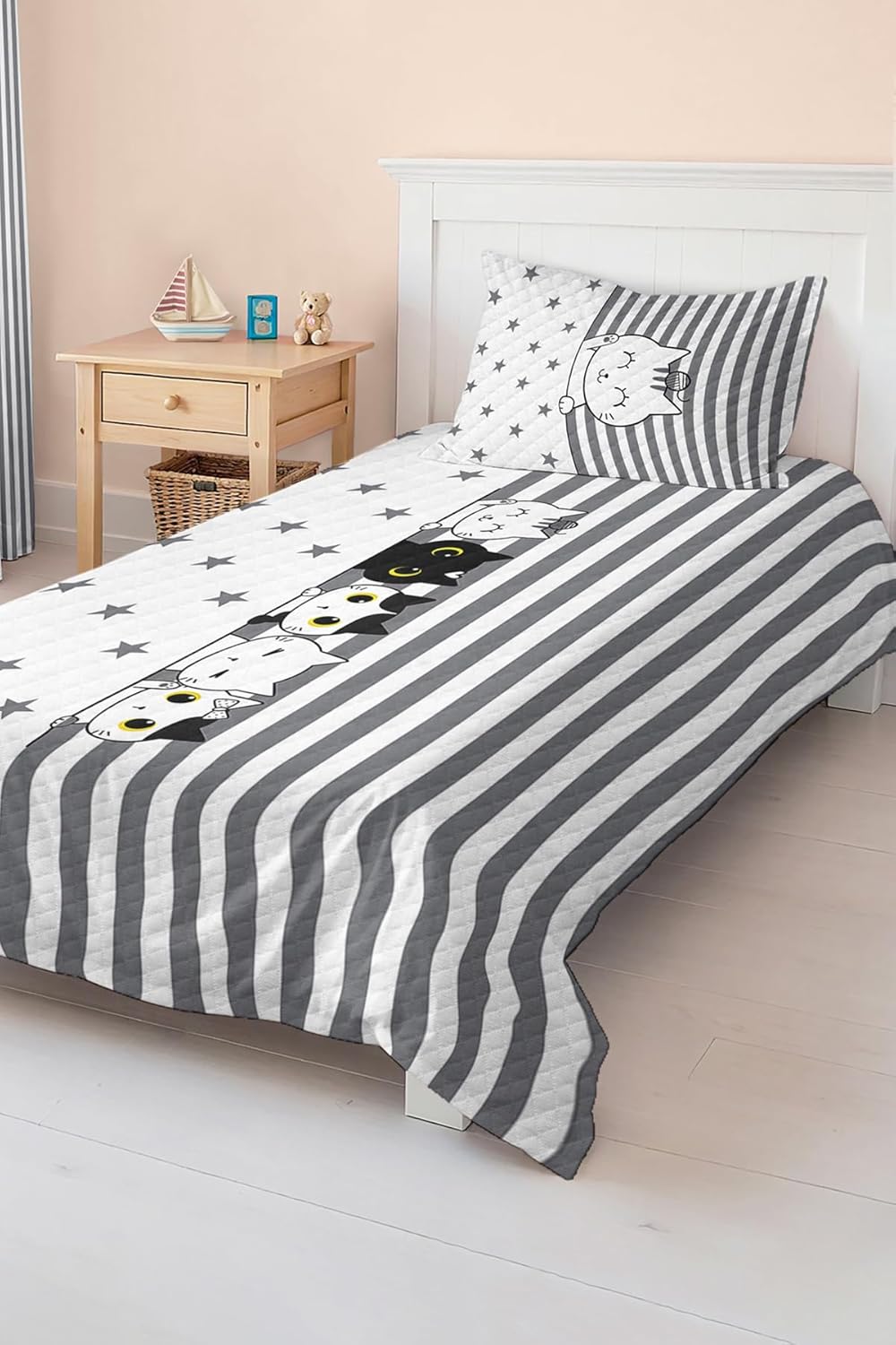 SODEF Kids Quilt Set Charming Cat Pattern with Stars and Stripes, Single Size Bedspread, Soft Cotton Polyester Blend, 2 Piece Set - Multicolor, One Size