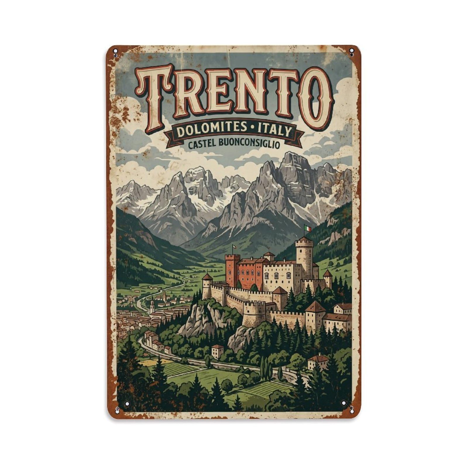 Vintage Travel Trento Italy Metal Tin Sign Wall Decor for Cafe, Club, Garden Metal Poster 8x12Inch