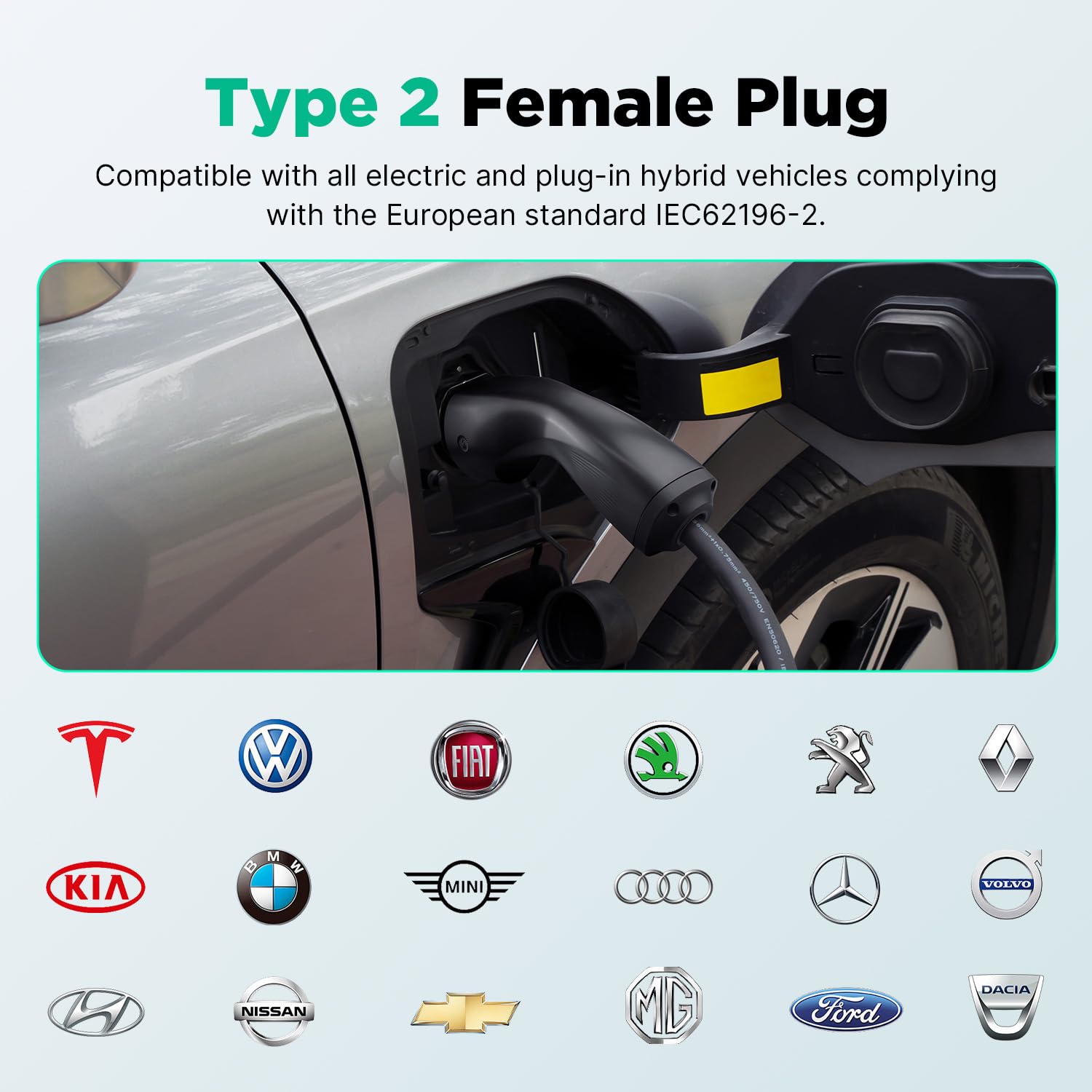 Wallbox 7kW Type 2 Station de Recharge Voiture électrique, Monophasé 32A Chargeur Rapide véhicules électriques avec câble 6M, Norme Européenne IEC62196-2, IP66