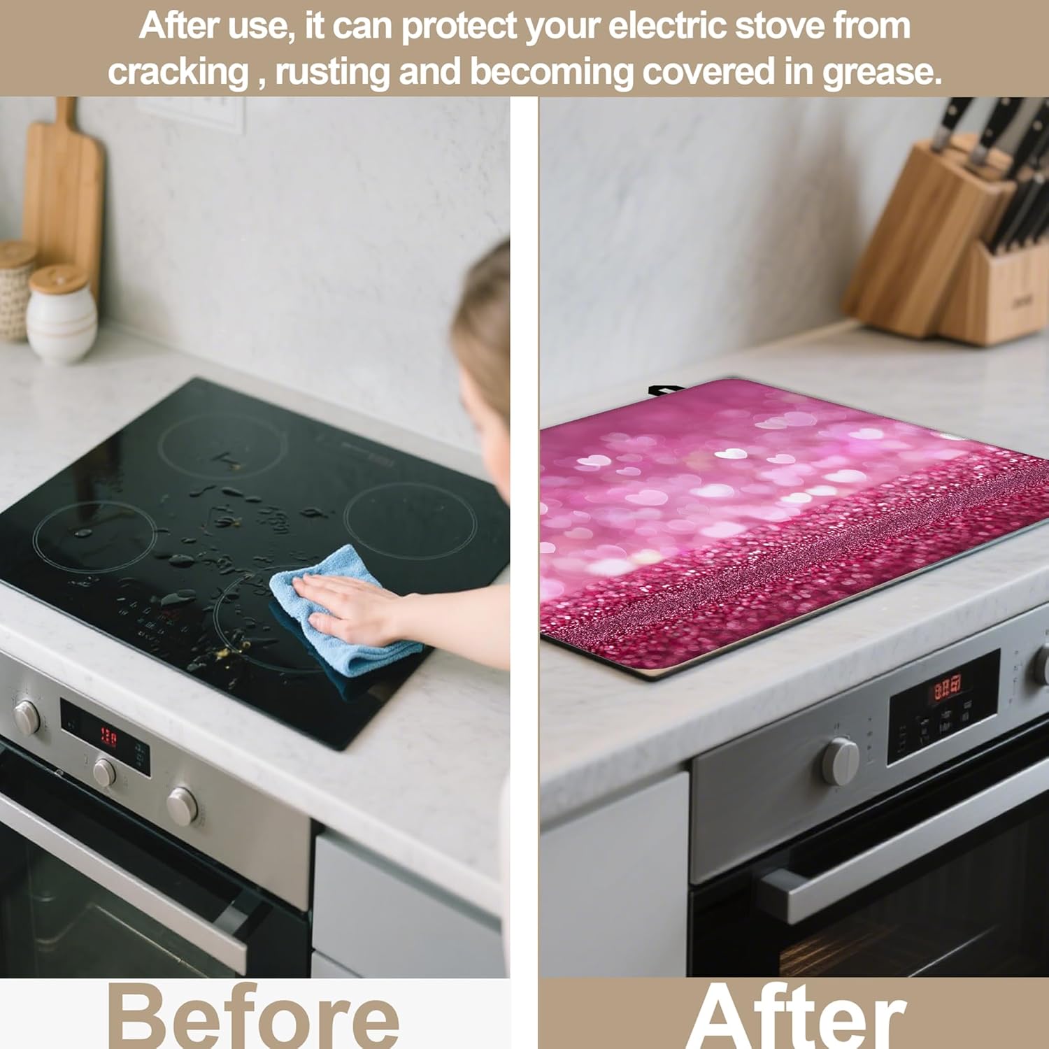 Stove Top Covers for Electric Stove,Pink Glitter Heart Heat Resistant Glass Cooktop Cover Protector for Kitchen Ceramic Countertop Dish Drying Mats 28.5'' x 20.5''