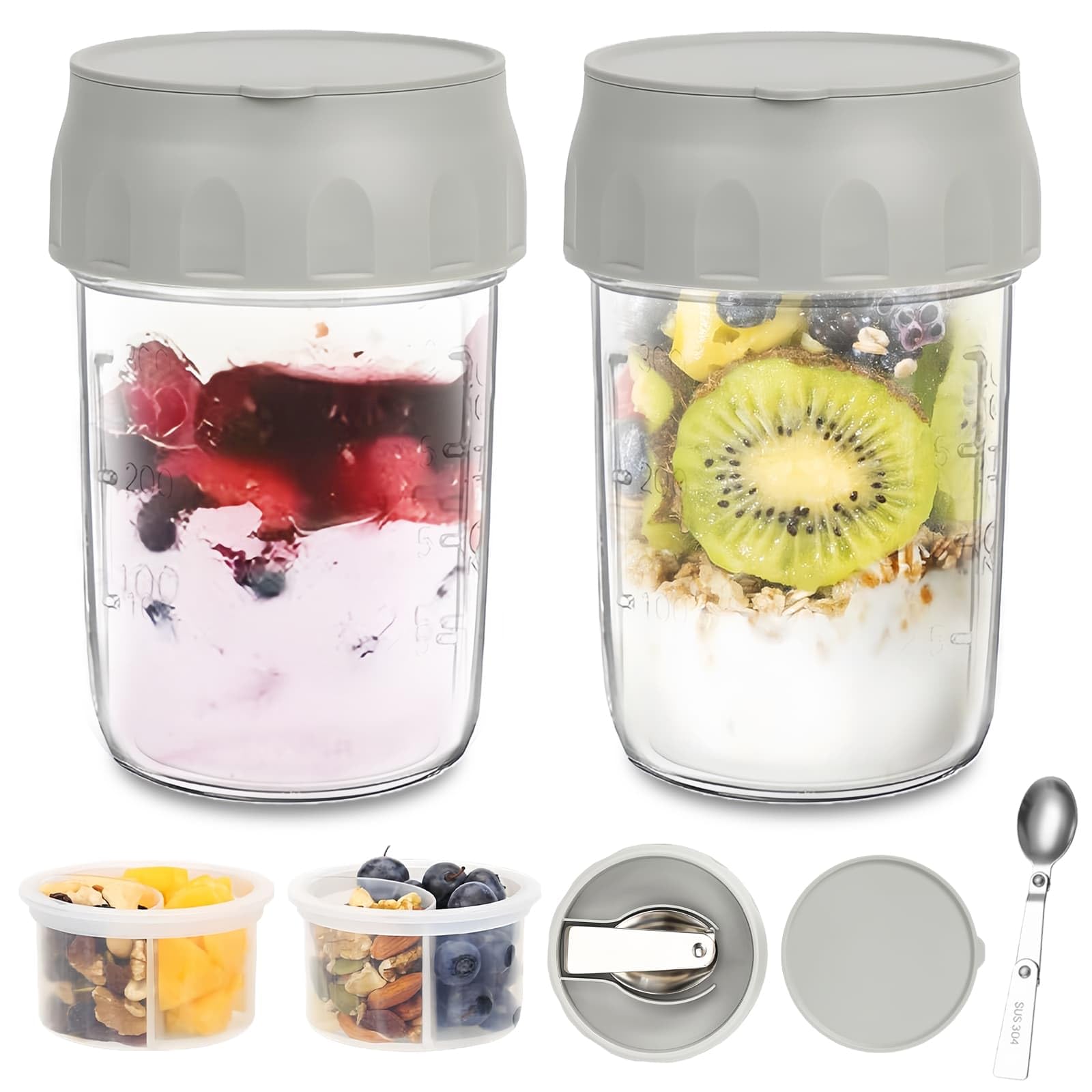 Yblue 2G 2 Pack Overnight Oats Jar Containers With Lids, Folding Spoons And Divided Compartments For Fruit & Nuts, Reusable 16Oz Containers For Snack For Oatmeal, Chia Pudding, Yogurt, Salad, Parfait Cups