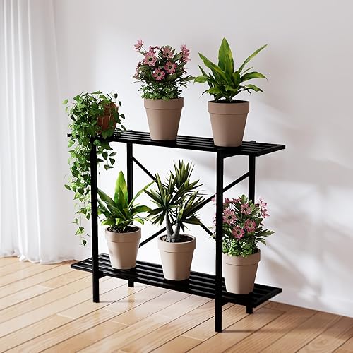 Miniatura 2 de Zhongma Soporte de metal resistente para plantas de 2 niveles, soporte estrecho para plantas para interiores y exteriores, 35.43 pulgadas de largo x