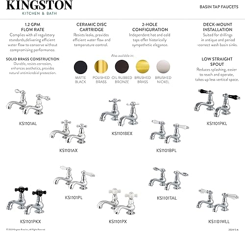Miniatura 2 de Kingston Brass KS1102PX Heritage - Grifo de lavabo con mango cruzado de porcelana, alcance de boquilla de 4-38 pulgadas, latón pulido