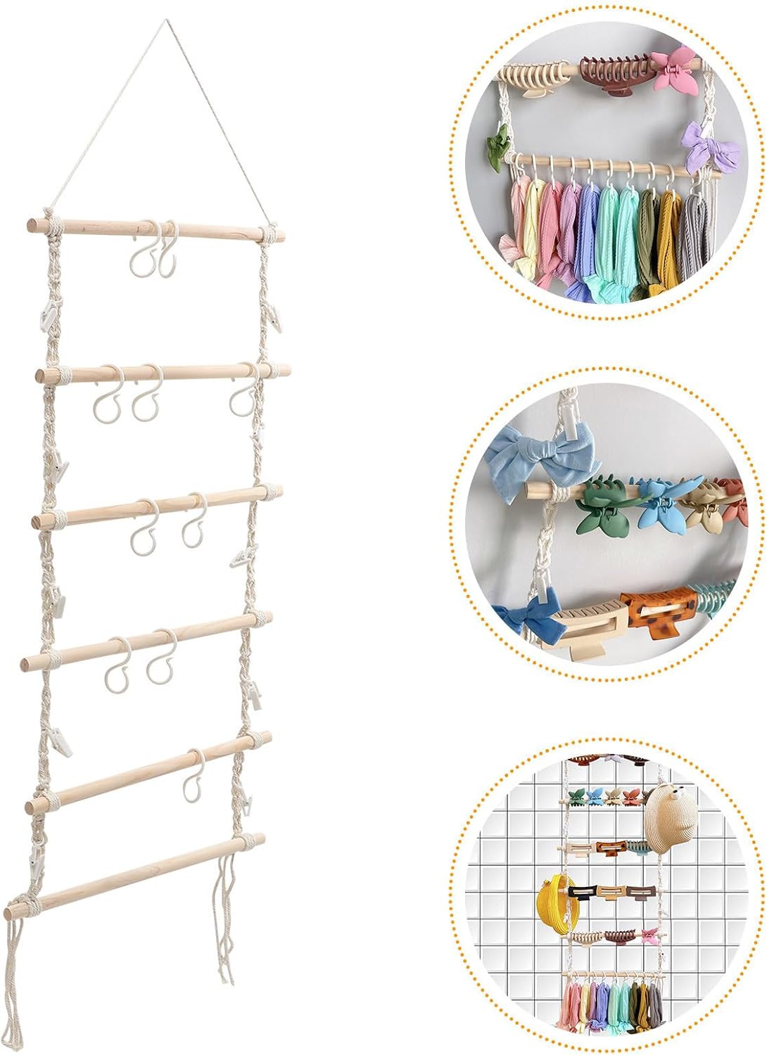 Mikikit Wooden Hairpin and Hair Band Wall Hanging Organizer with Khaki Cotton Rope Tapestry, Decorative Storage Rack for Displaying Hair Clips and Headbands, Home Wall Decor and Babies