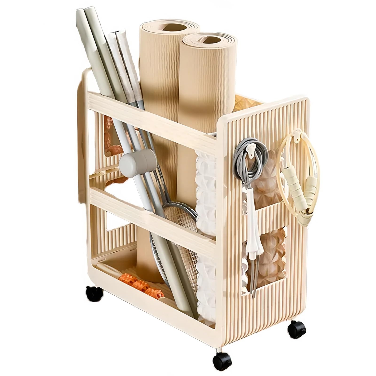 Cesta de almacenamiento for esterilla de yoga, organizador de equipos de gimnasio con rueda, estante de almacenamiento de gimnasio en casa con soporte de carga fuerte for pesas rusas, bloques de yoga,