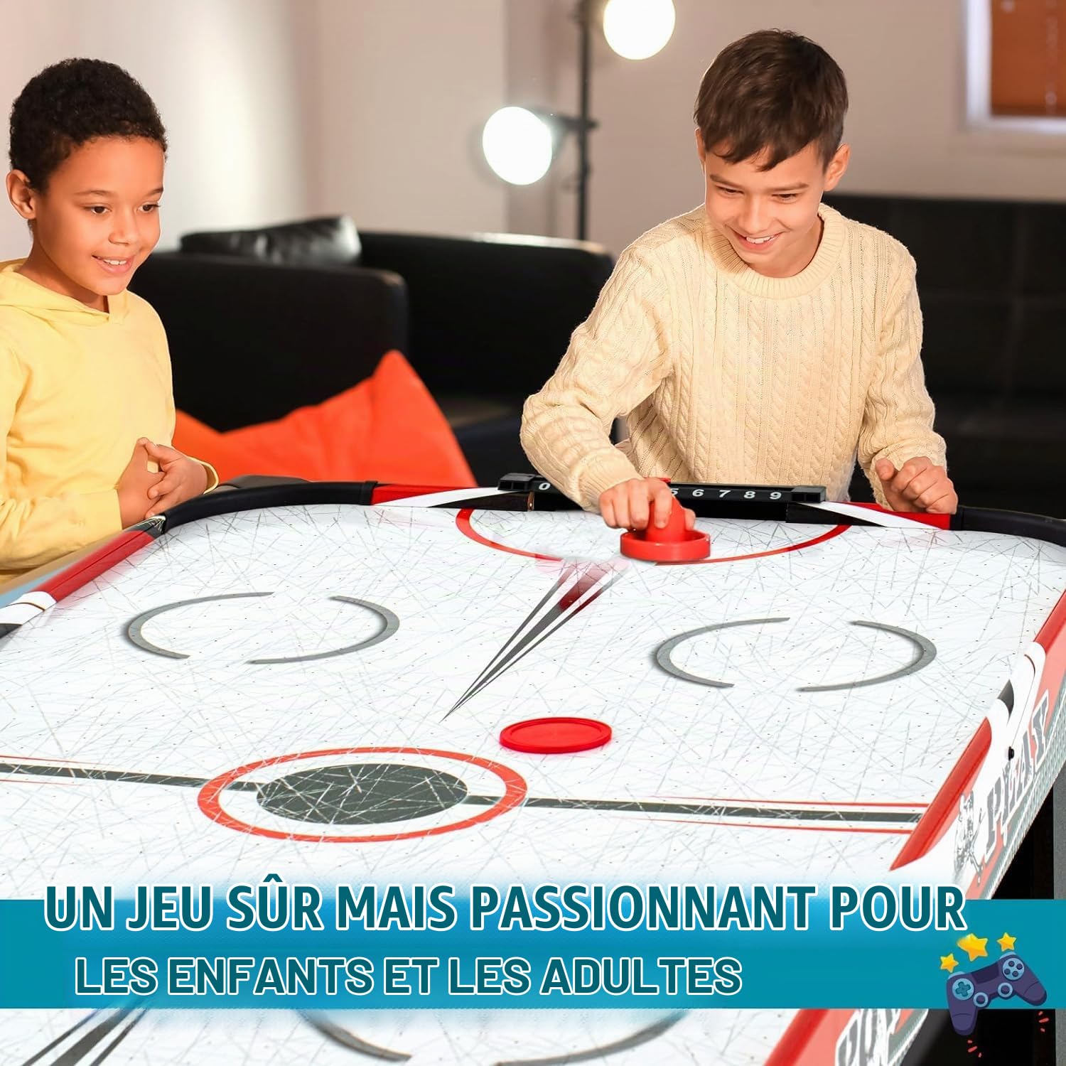 Table de Hockey sur air : Table de Hockey électrique d'intérieur avec Tableau d'affichage numérique, kit de Jeu Comprenant 2 palets et 2 poussoirs