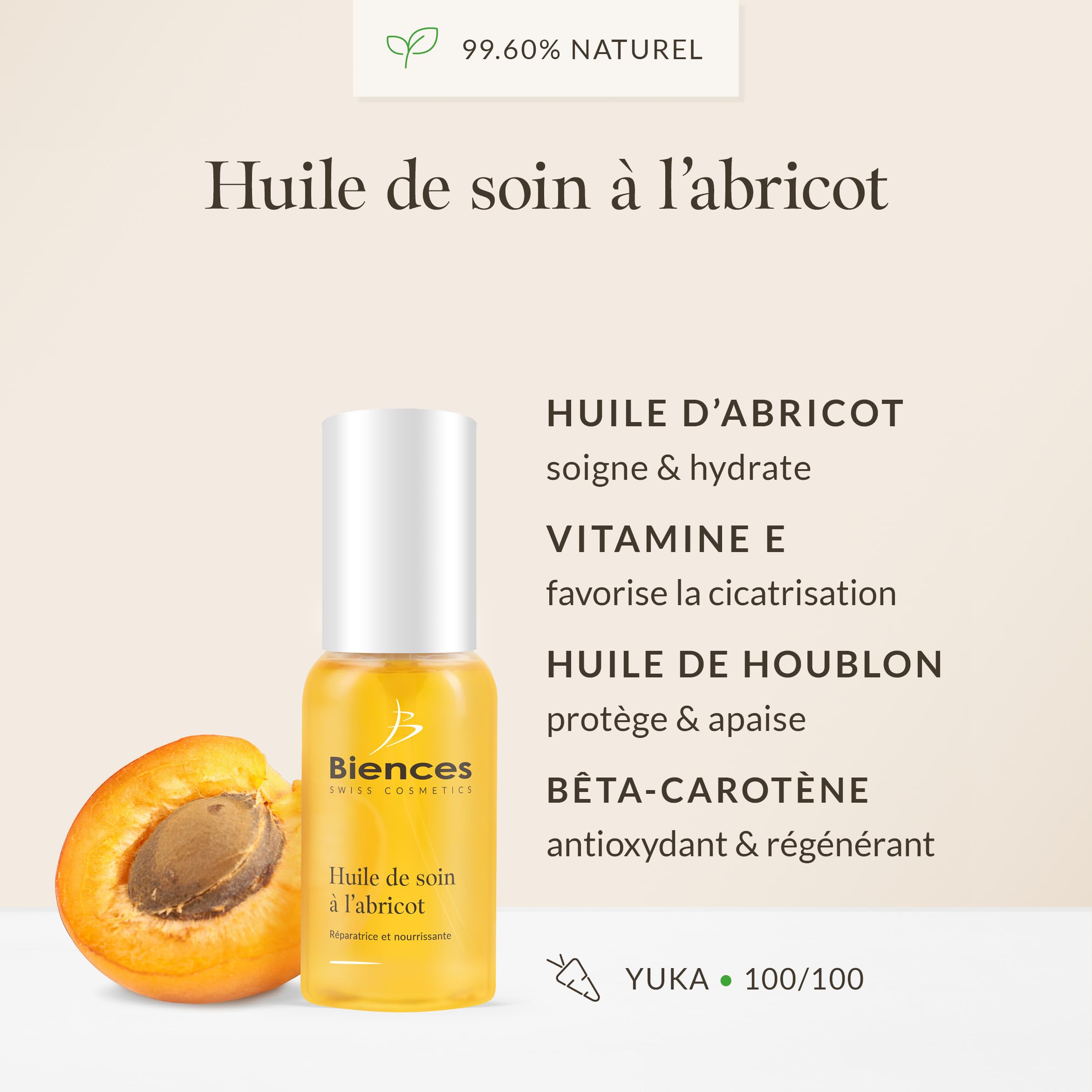 Swiss Cosmetics - Huile d'Abricot Visage et Corps en Spray Enrichie à la Vitamine E - 100/100 Yuka & Naturelle à 99,60% - Adaptée Pour Toute la Famille - Vegan et 100% Suisse - 50ml