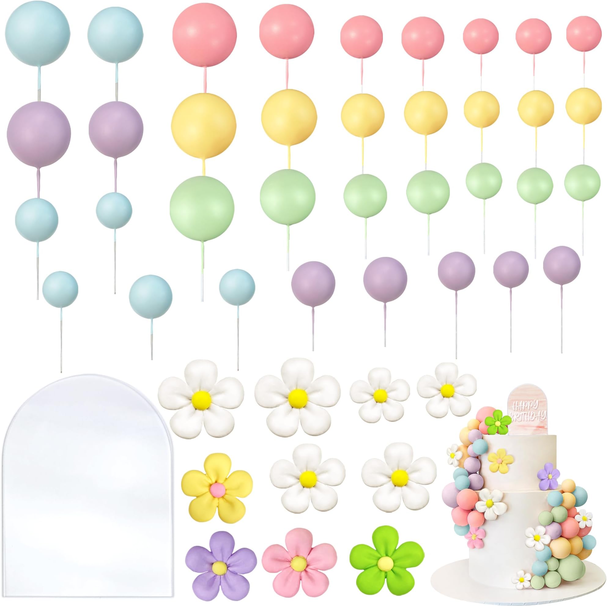 46 PCS Boho Groovy Cake Topper Mini Balls Acrylic Retro Hippie Daisy Flower Cake Topper for Wedding Party Supplies (Colorful)