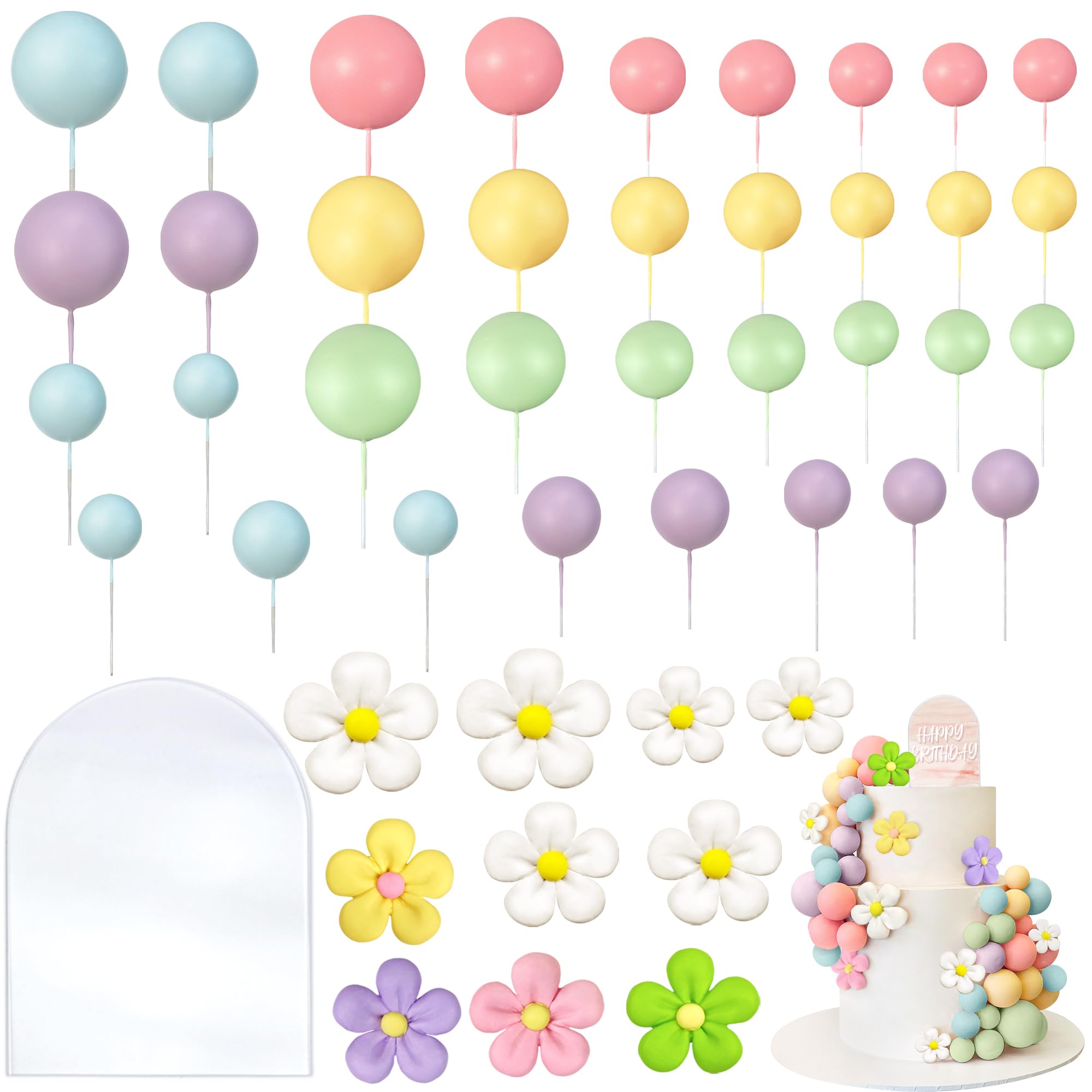 46 PCS Boho Groovy Cake Topper Mini Balls Acrylic Retro Hippie Daisy Flower Cake Topper for Wedding Party Supplies (Colorful)