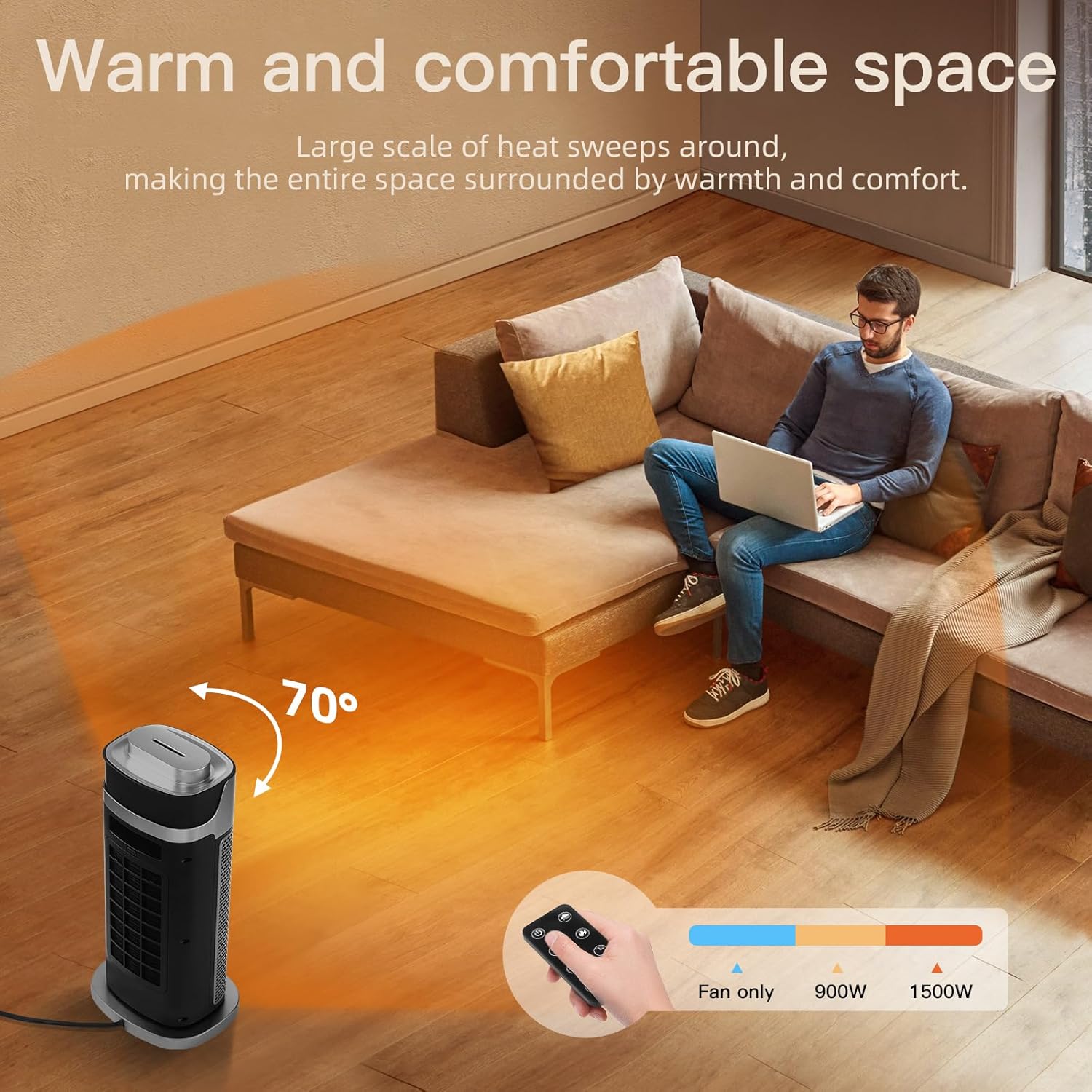 RELF 1500W PTC Ceramic Space Heater with Humidifier - 70° Oscillation, Remote Control, ECO Mode, Timer, and Tip-Over Protection - Quiet and Efficient for Home or Office