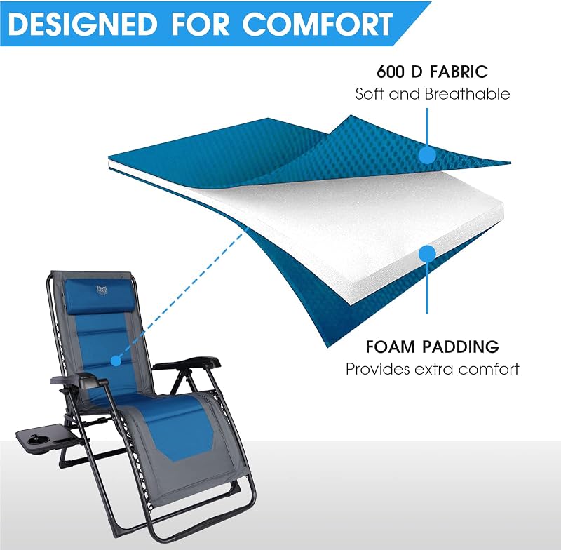 TIMBER RIDGE Zero Gravity polyester Chair Oversized Recliner 350lbs Capacity Patio Lounge Chair Padded Lawn Chair with Headrest XXL for Outdoor, Camping, Patio, Lawn, Blue image 5