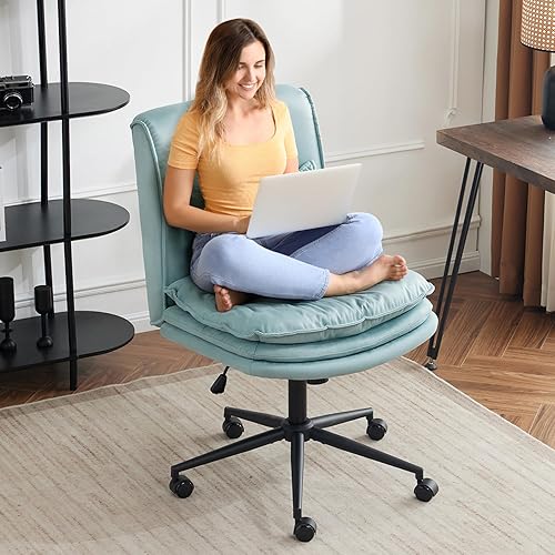 VINGLI Cloud Criss Cross Legged Chair,18" High Back Armless Home Office Desk Chair with Wheels,Wide Adjustable Comfy Padded Seat Task Computer Chair,Modern Swivel Makeup Vanity Chair,Microfiber,Blue - Blue-microfiber - with wheel