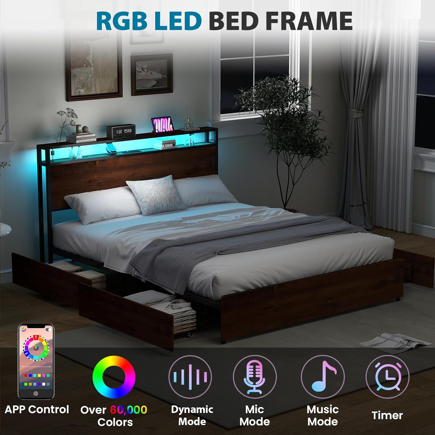 Kiivakii Full Size Bed Frame with 4 Storage Drawers, LED Platform Bed with Headboard, Built in Charging Station, Noise-Free, Metal Support Base, No Box Spring Needed, Red Brown