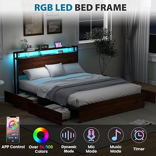 Miniatura 64 de Base de cama de tamaño matrimonial con cabecero, plataforma LED con 4 cajones de almacenamiento, estación de carga integrada, sin ruido, base de